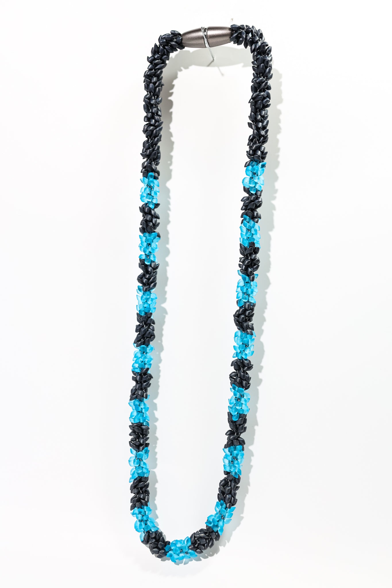 Matte Aqua Blue with Gun Metal Grey Segmented Dragon Scale Necklace Lei - 30"/31"