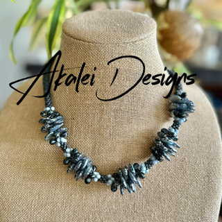 Pop-Up Mākeke - Akalei Designs - Blue Gray Lentil Haku Mini Lei with Sky Blue Fire-Polish Beads - Front View