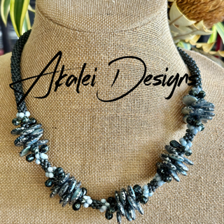 Pop-Up Mākeke - Akalei Designs - Blue Gray Lentil Haku Mini Lei with Sky Blue Fire-Polish Beads - Front View