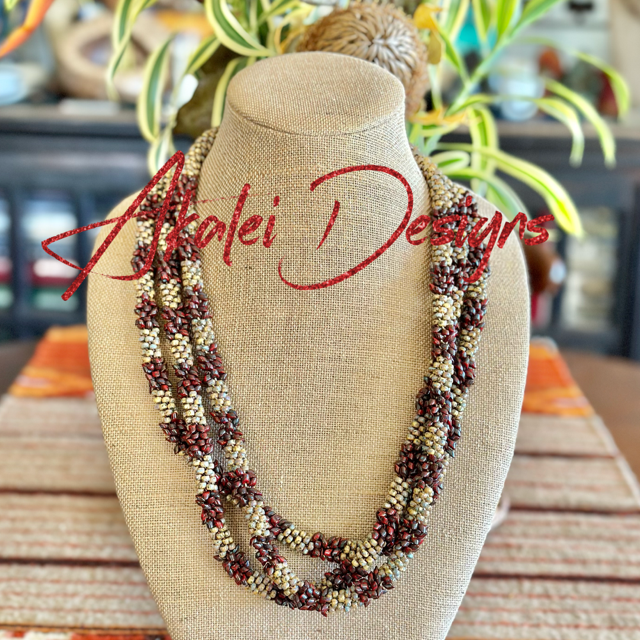 Pop-Up Mākeke - Akalei Designs - Brown Picasso Segmented Kumihimo with Red Dragon Scale Necklace Lei - With Logo