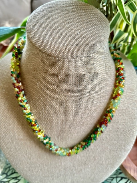 Pop-Up Mākeke - Akalei Designs - Garden Green, Gold, Topaz and Yellow Scales Necklace Lei - Top View