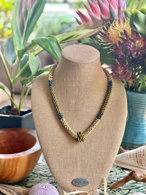 Green & Yellow "Forbidden Island" Necklace with Green Picasso Twist Beads - 25"