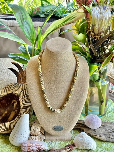 Pop-Up Mākeke - Akalei Designs - Khaki Metallic and Yellow Dragon Scales with White Baroque Necklace - Front View
