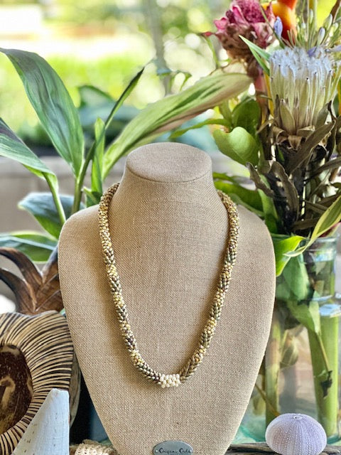 Pop-Up Mākeke - Akalei Designs - Khaki Metallic and Yellow Dragon Scales with White Baroque Necklace - Front View