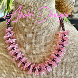 Pop-Up Mākeke - Akalei Designs - Pink Transparent Rose Petal Haku Lei Necklace - Front View