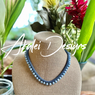 Pop-Up Mākeke - Akalei Designs - Sky Blue Briolette Drops - Hawaiian Necklace Lei - With White Logo