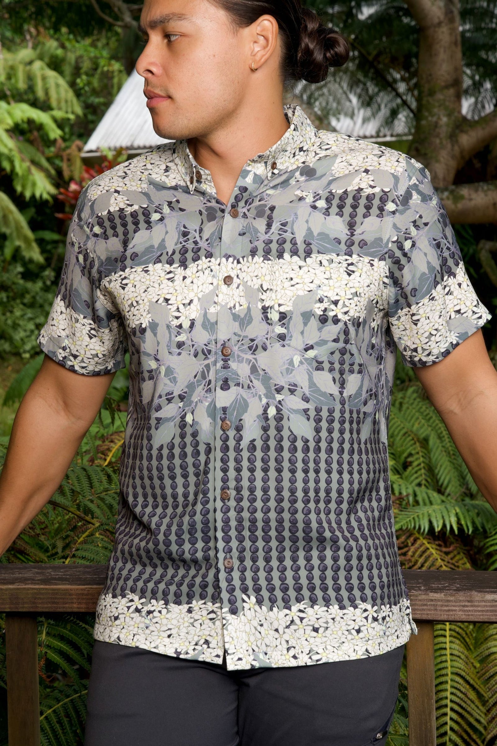 Pop-Up Mākeke - David Shepard Hawaii - Kukui Legacy Men's Aloha Shirt - Front View - Close Up