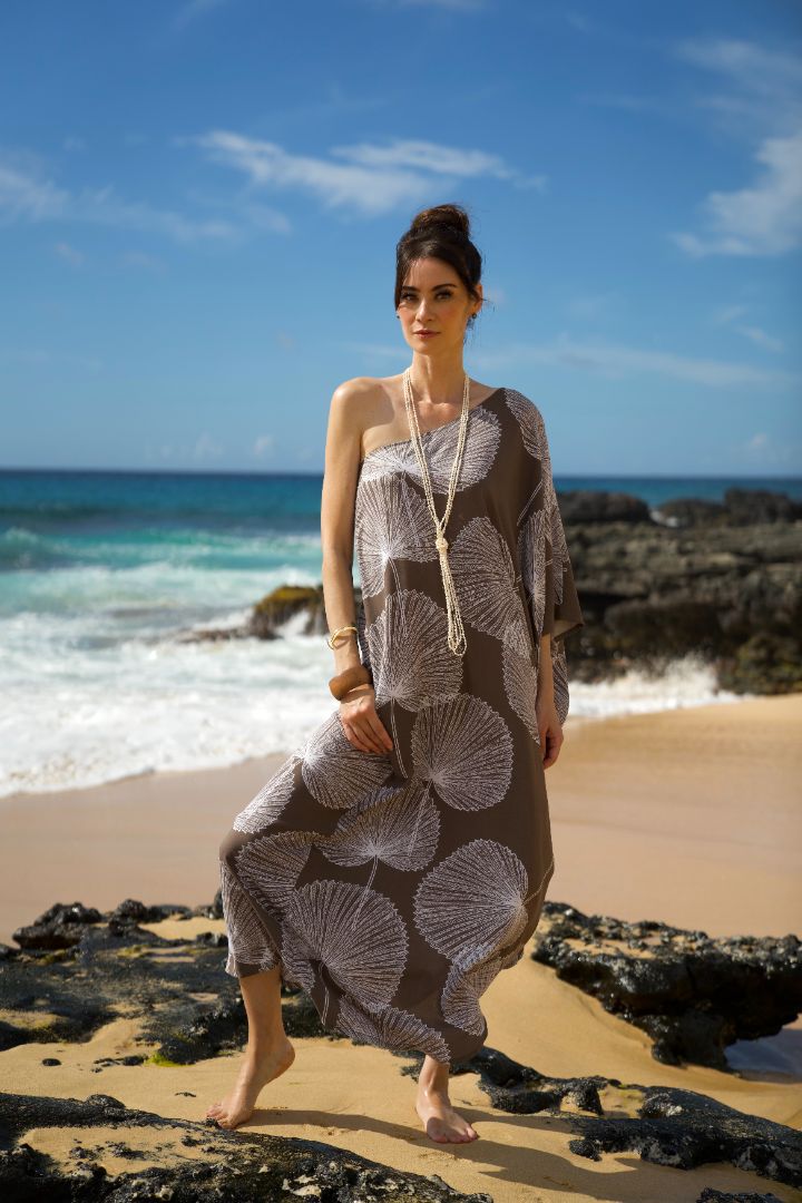 Pop-Up Mākeke - Lotus & Lime - Palama Hau One Shoulder Maxi Dress - Shitake & White - Front View