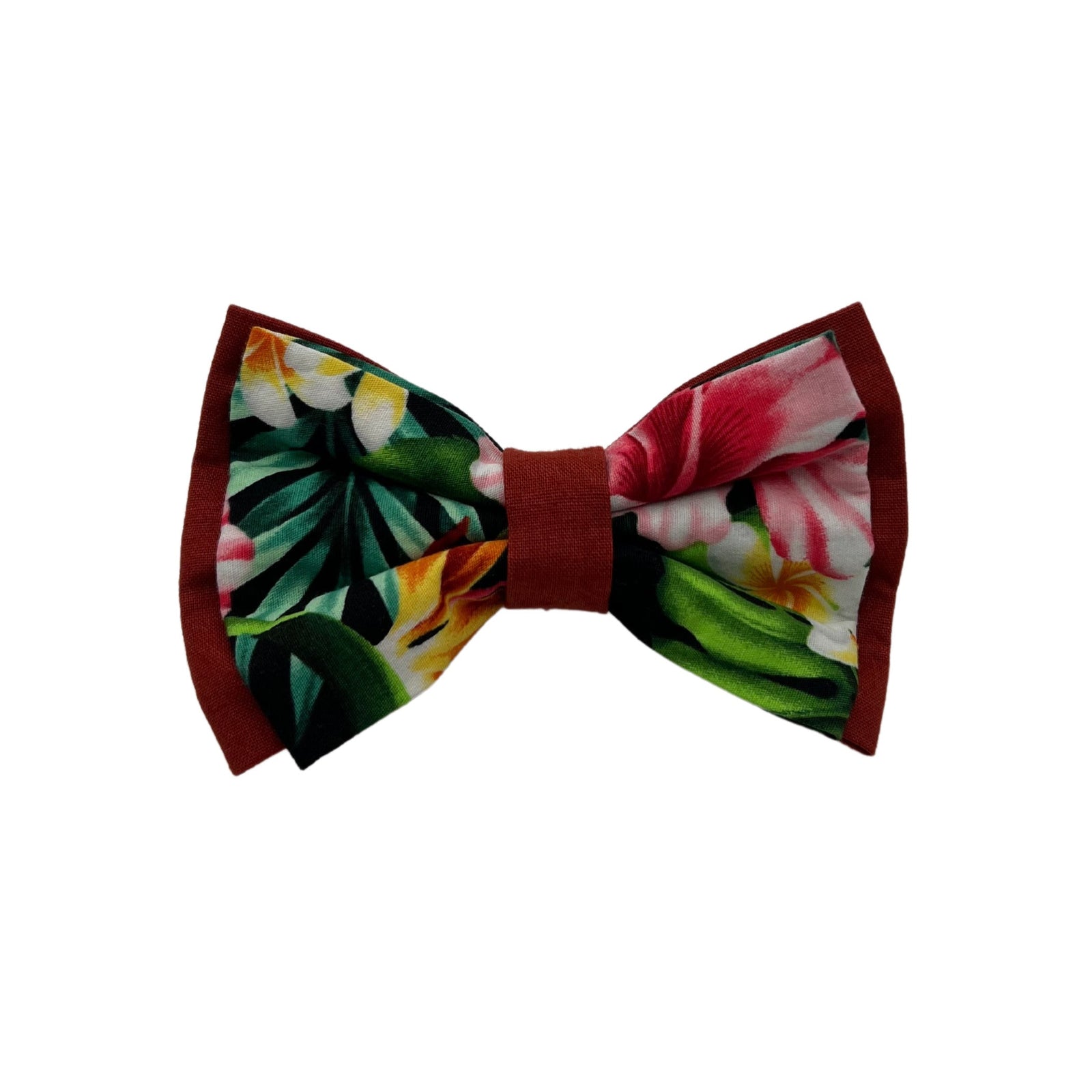 Pop-Up Mākeke - humBOWbarks Pet Wear - Small Double Bow Tie - Red Hibiscus - Front View