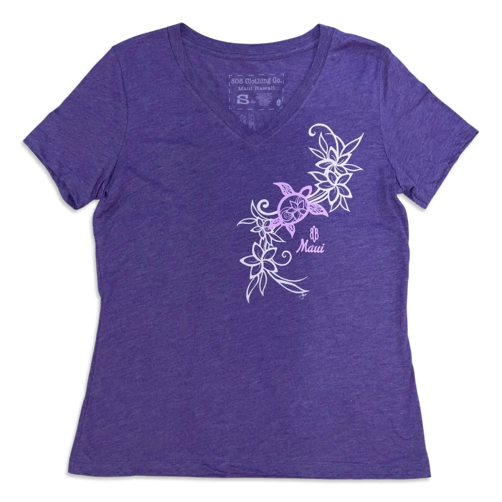 Pop-Up Mākeke - 808 Clothing - Flower Honu (Turtle) 2 Ladies V-Neck T-Shirt - Front View