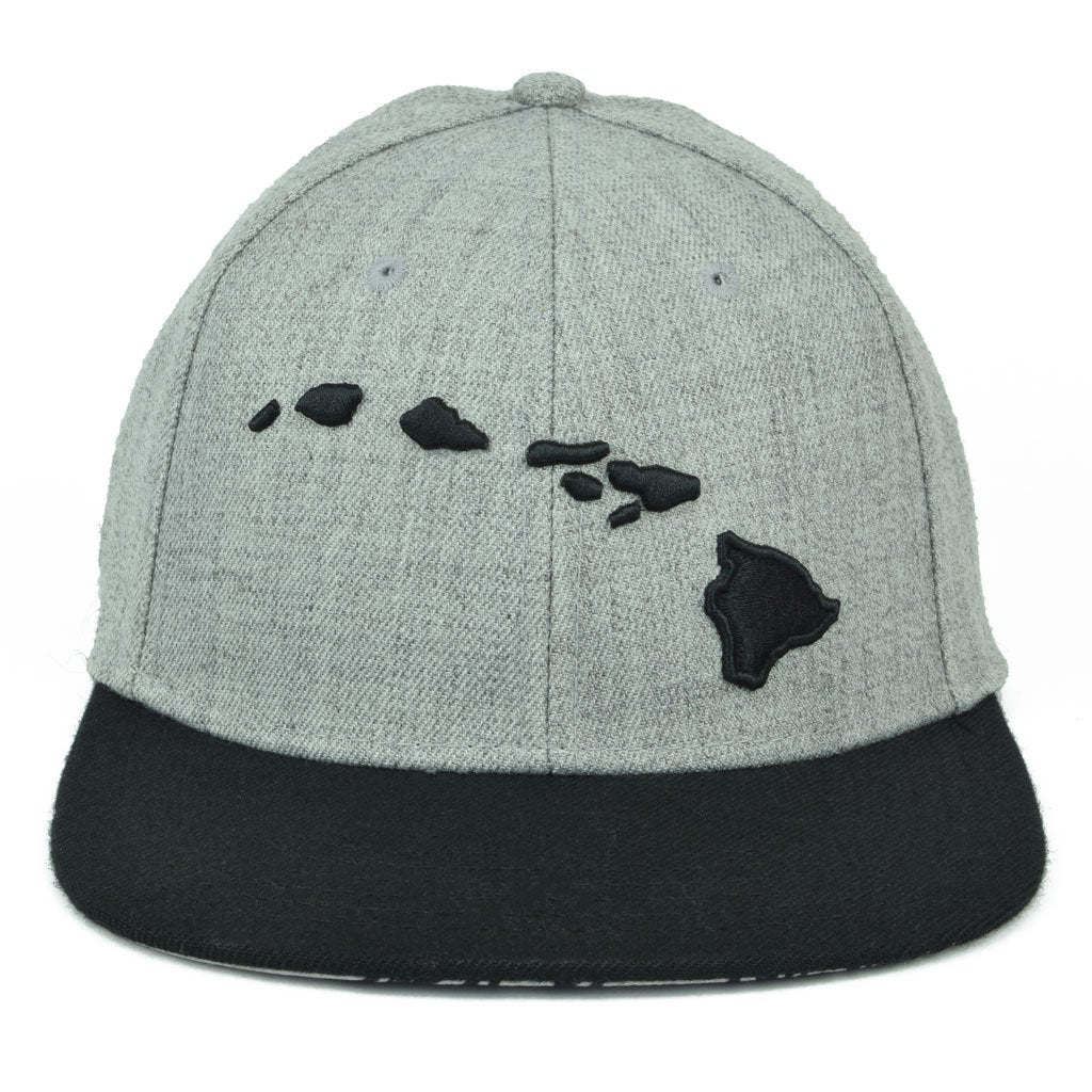 Pop-Up Mākeke - 808 Clothing - Hawaiian Islands 3D Flat Bill Hat - Heather Gray & Black - Front View