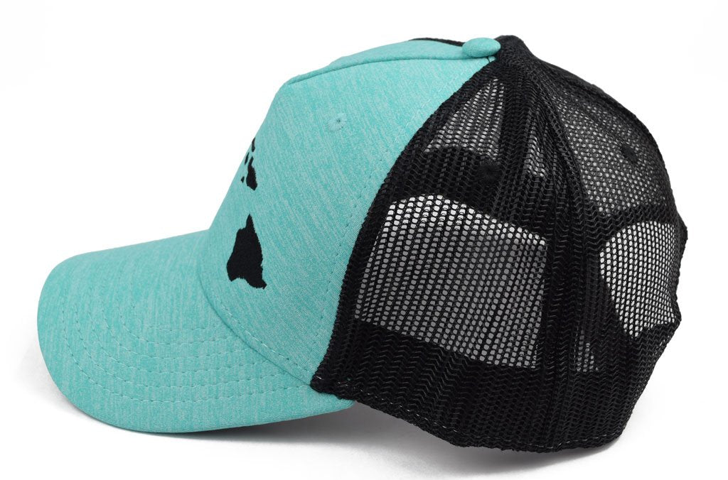 Pop-Up Mākeke - 808 Clothing - Hawaiian Islands Trucker Hat in Heather Seafoam & Black - Left Side View