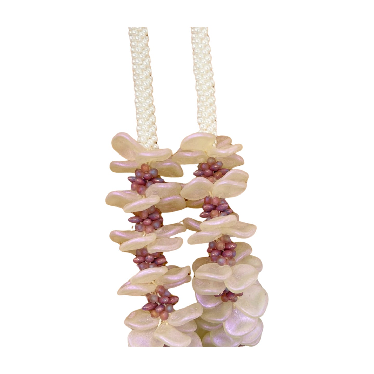 Pop-Up Mākeke - Akalei Designs - Frosted White & Lavender Beaded Hawaiian Haku Rose Petal Lei - 23in - Close Up