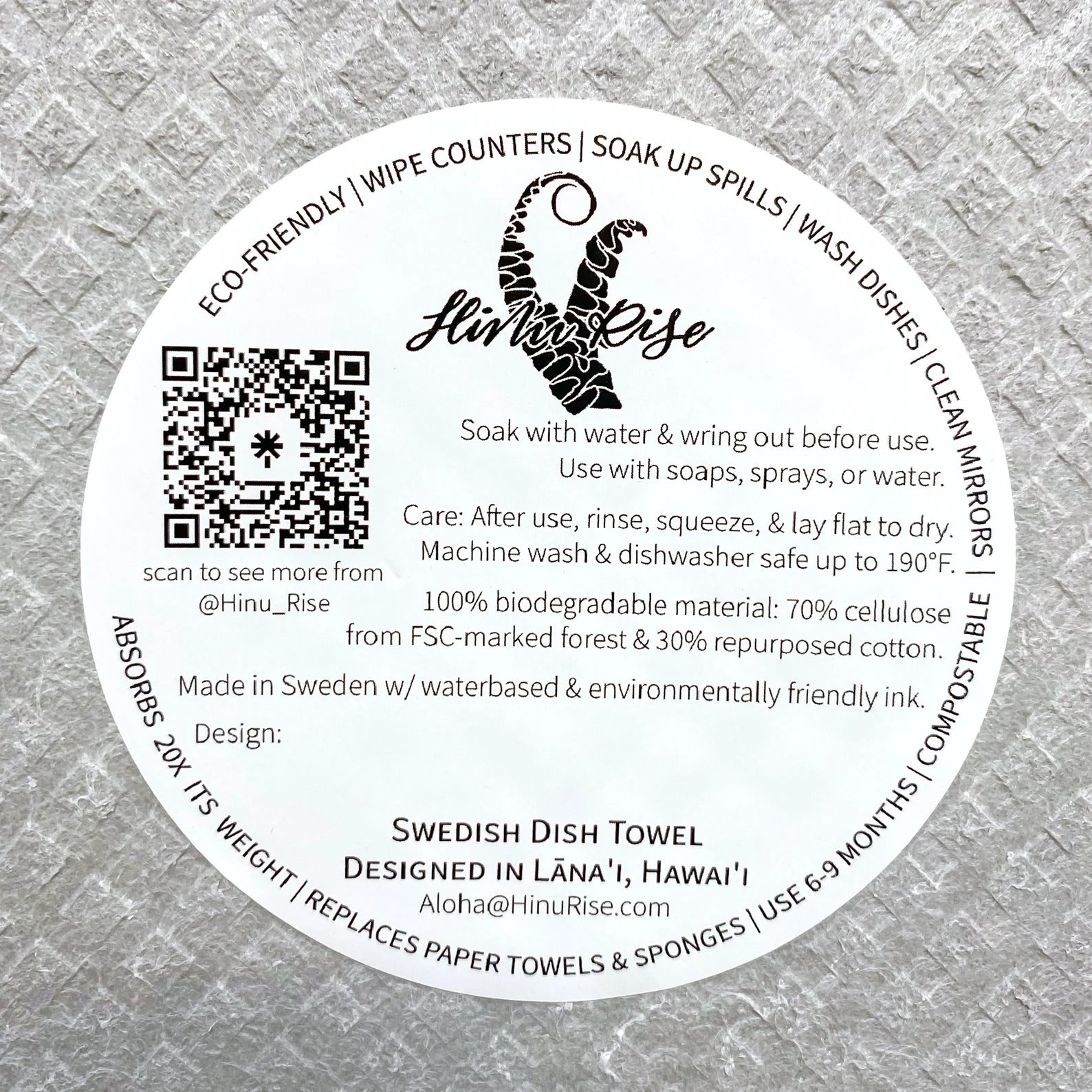 Pop-Up Mākeke - Hinu Rise - Swedish Dishcloth - Palapalai Fern in Grey - Care Instructions