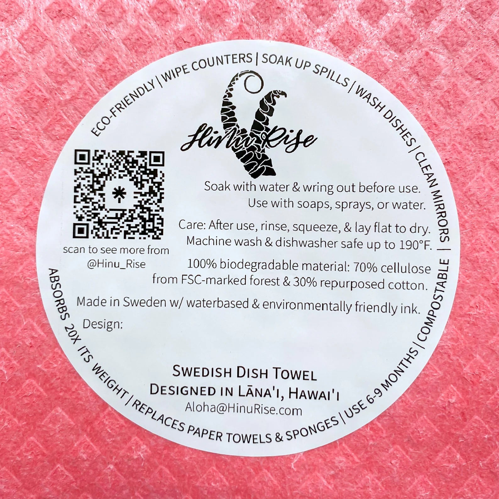 Pop-Up Mākeke - Hinu Rise - Swedish Dishcloth - Naupaka in Pink - Care Instructions