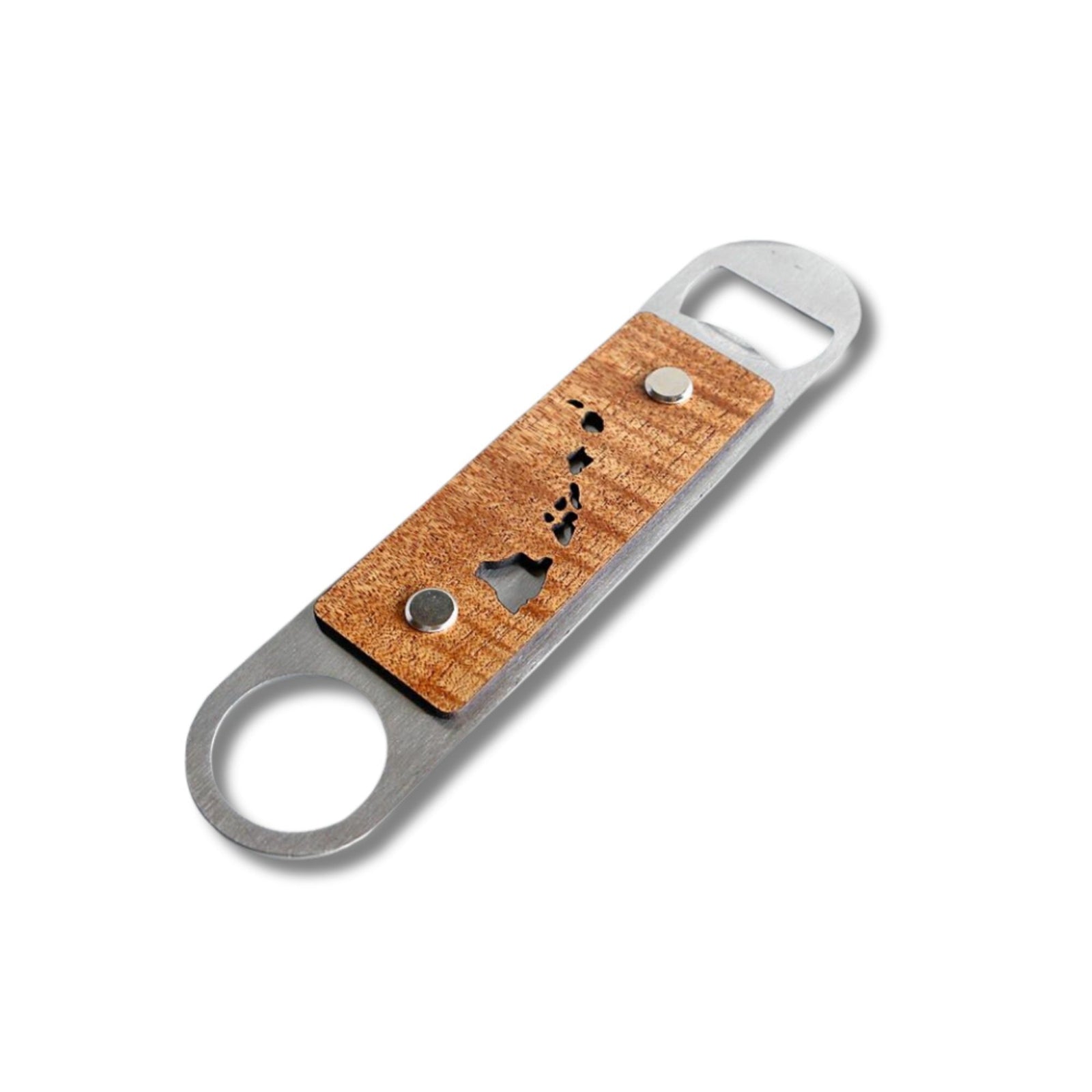 Pop-Up Mākeke - KoaWood Ranch - Koa and Stainless Steel Bottle Opener - Island Chain - Front View
