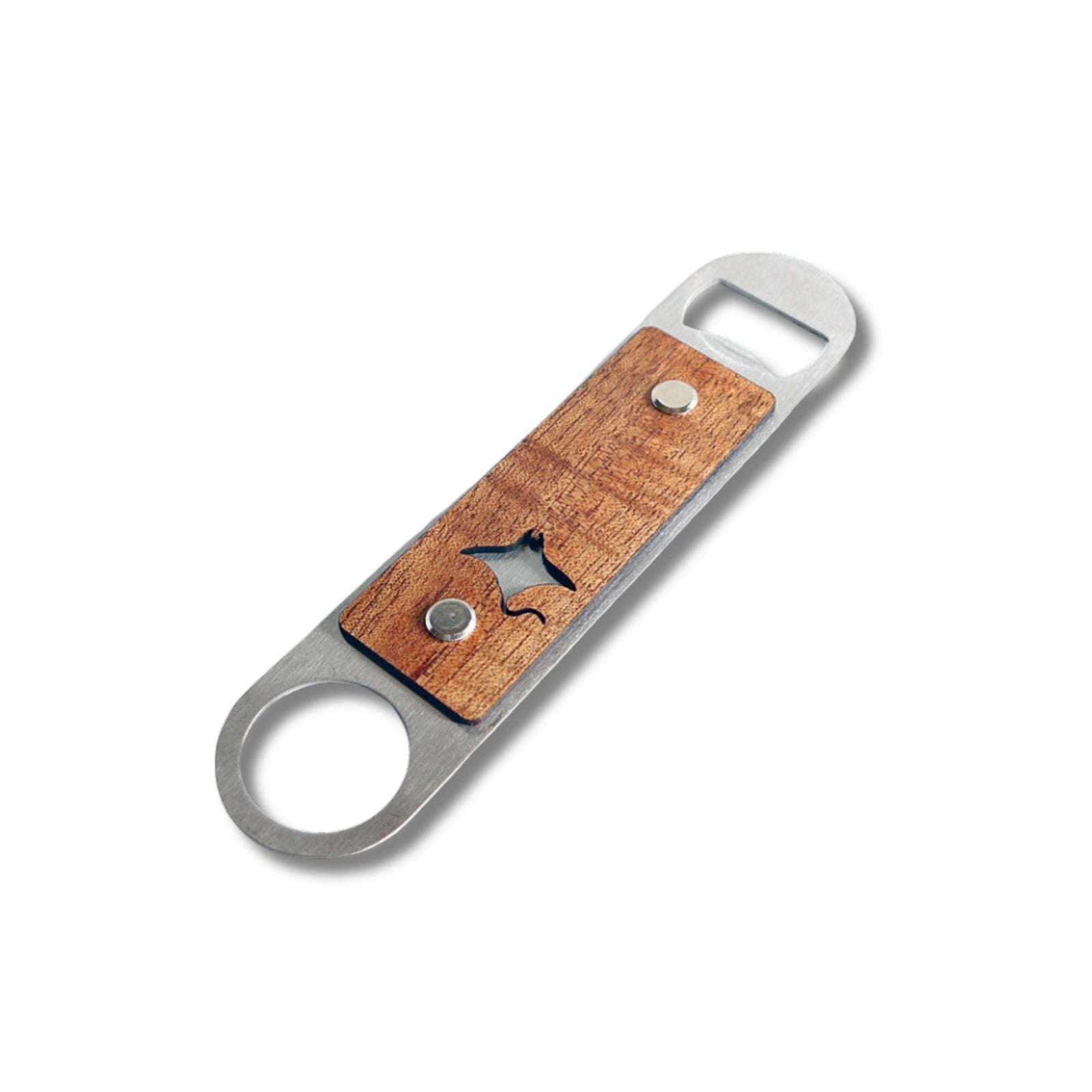 Pop-Up Mākeke - KoaWood Ranch - Koa and Stainless Steel Bottle Opener - Manta - Front View