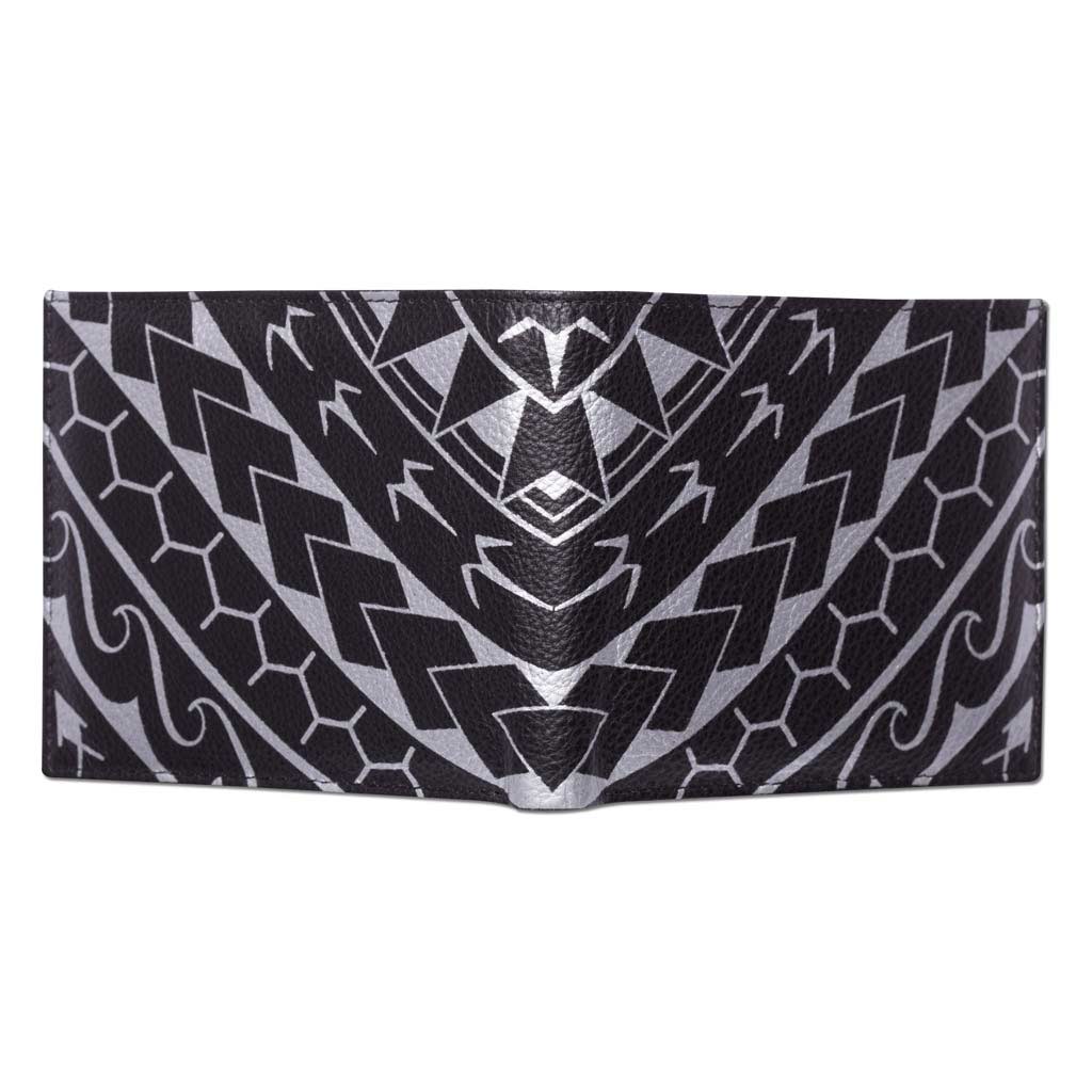 Pop-Up Mākeke - Na Koa - Polynesian Tattoo Bifold Leather Wallet - Black & Silver - Open Back View
