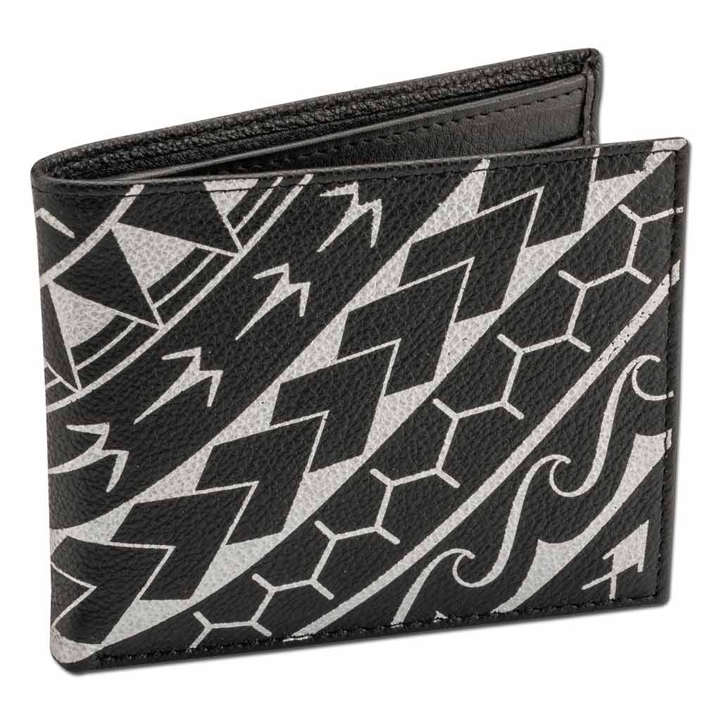 Pop-Up Mākeke - Na Koa - Polynesian Tattoo Bifold Leather Wallet - Black & Silver