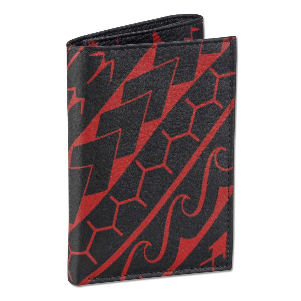 Pop-Up Mākeke - Na Koa - Polynesian Tattoo Trifold Leather Wallet - Black & Red - Front View
