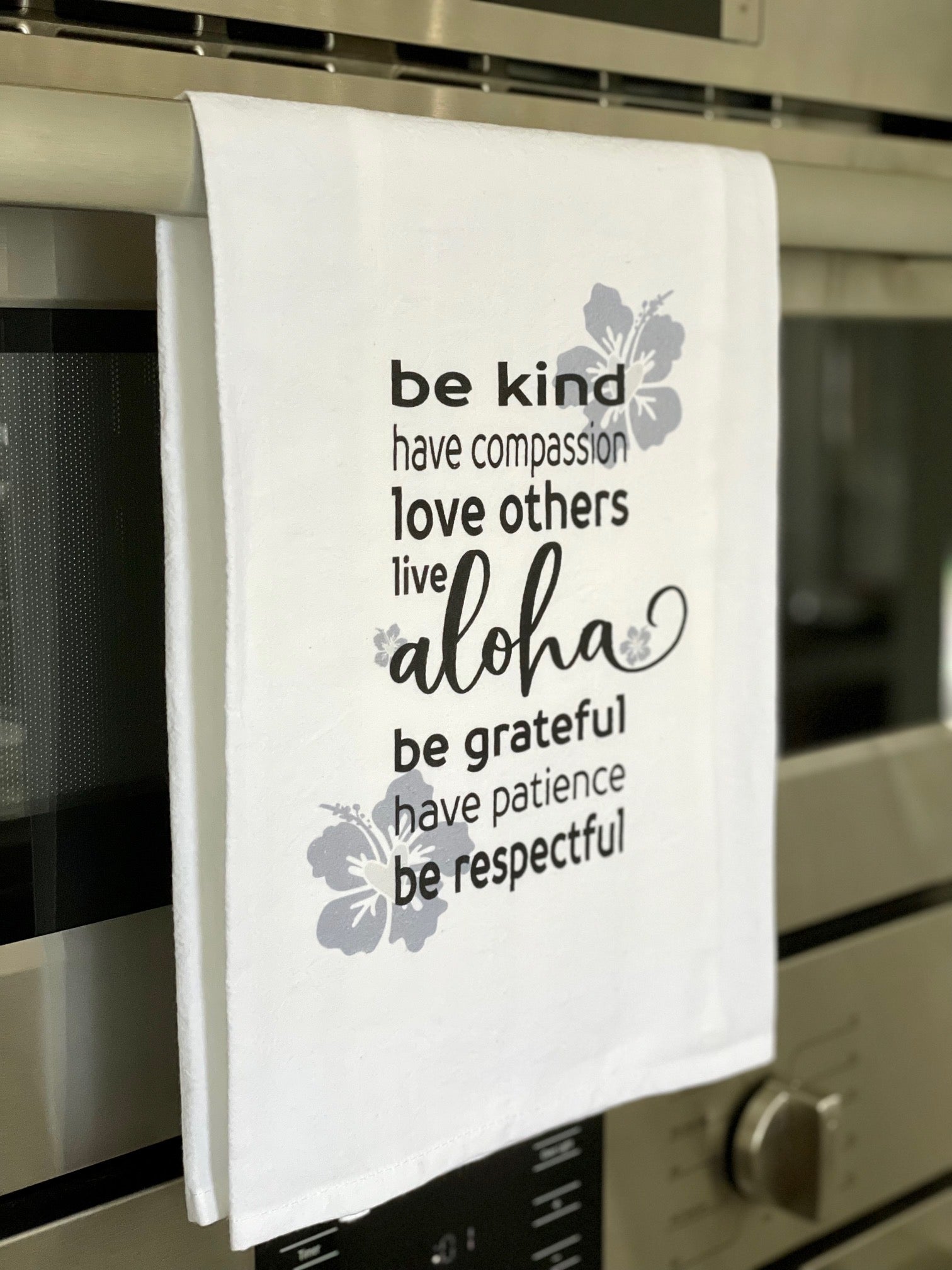Pop-Up Mākeke - Sal Terrae - Flour Sack Kitchen Towel - Be Kind, Live Aloha - In Use