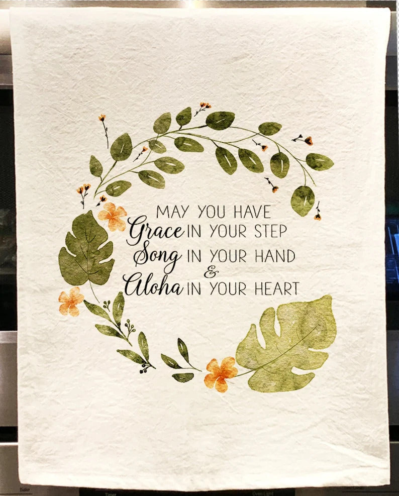 Pop-Up Mākeke - Sal Terrae - Flour Sack Kitchen Towel - Hula Blessing - Close Up