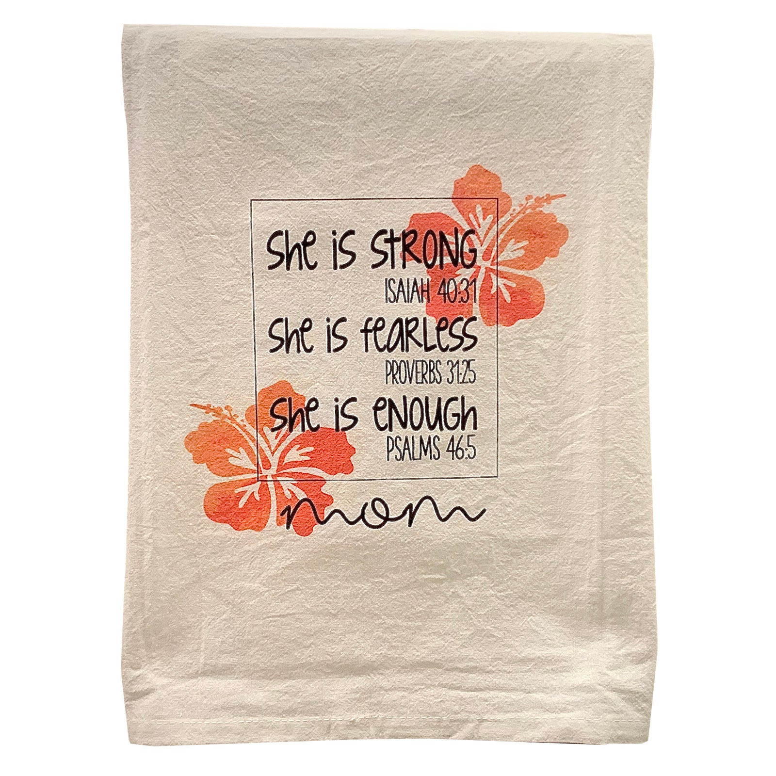 Pop-Up Mākeke - Sal Terrae - Flour Sack Kitchen Towel - Mom-She is Strong - Red Hibiscus