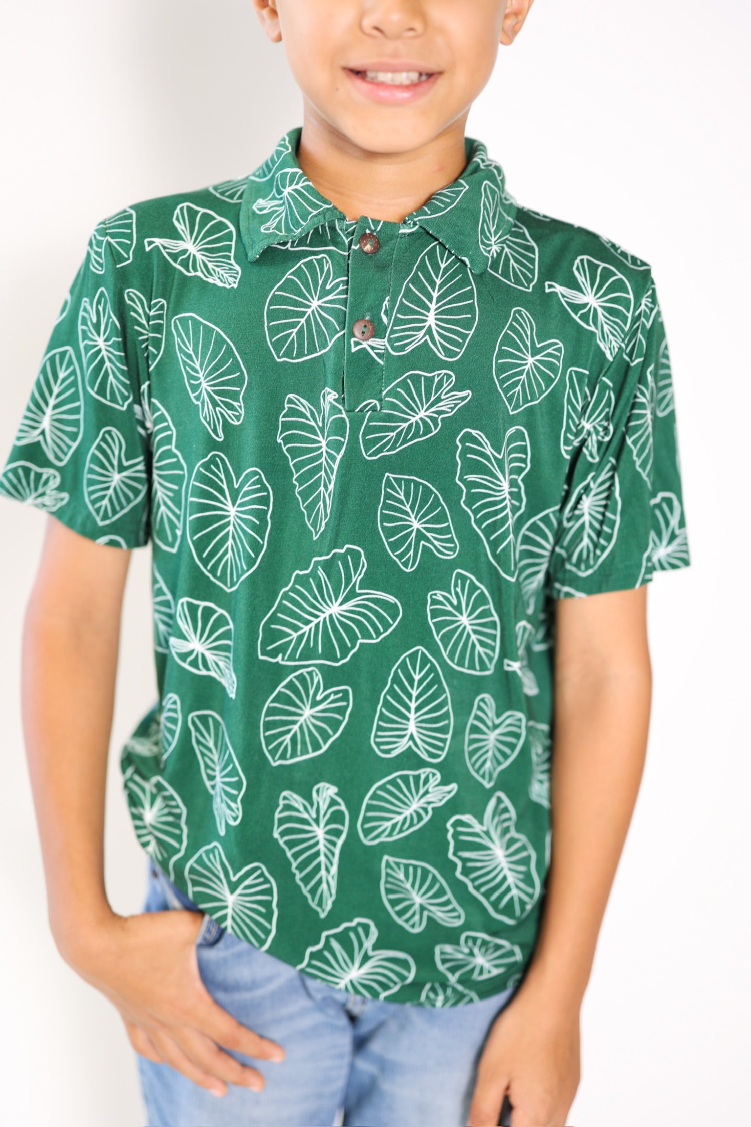 Pop-Up Mākeke - The Keiki Department - Bamboo Kalei Athletic Polo Shirt - Signature Kalo - Close Up