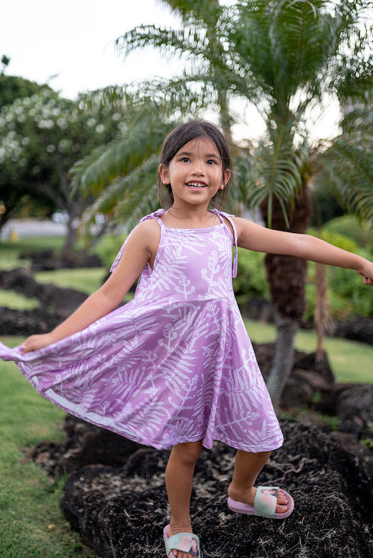Pop-Up Mākeke - The Keiki Department - Kili Girl's Dress - Neke Fern in Lavender - In Use