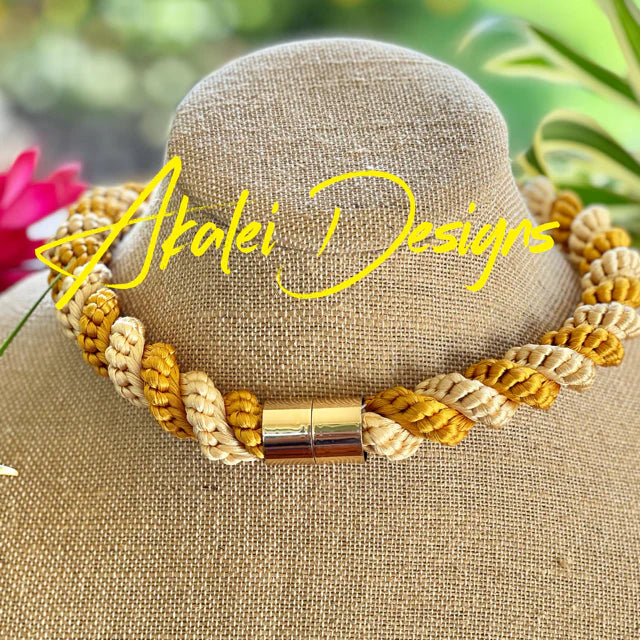 Beige Two-Toned Fiber Aliʻi Kumihimo Lei Necklace and Hat Band