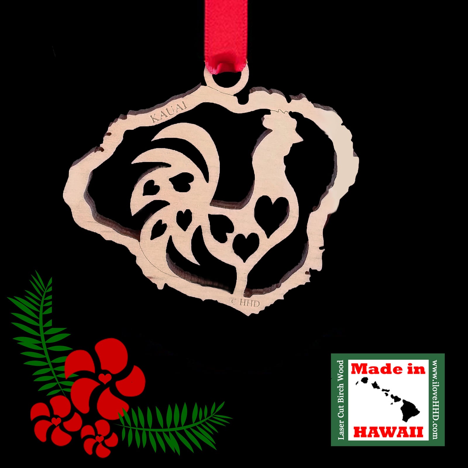 Kauai Rooster Birch Wood Hawaiian Christmas Ornament