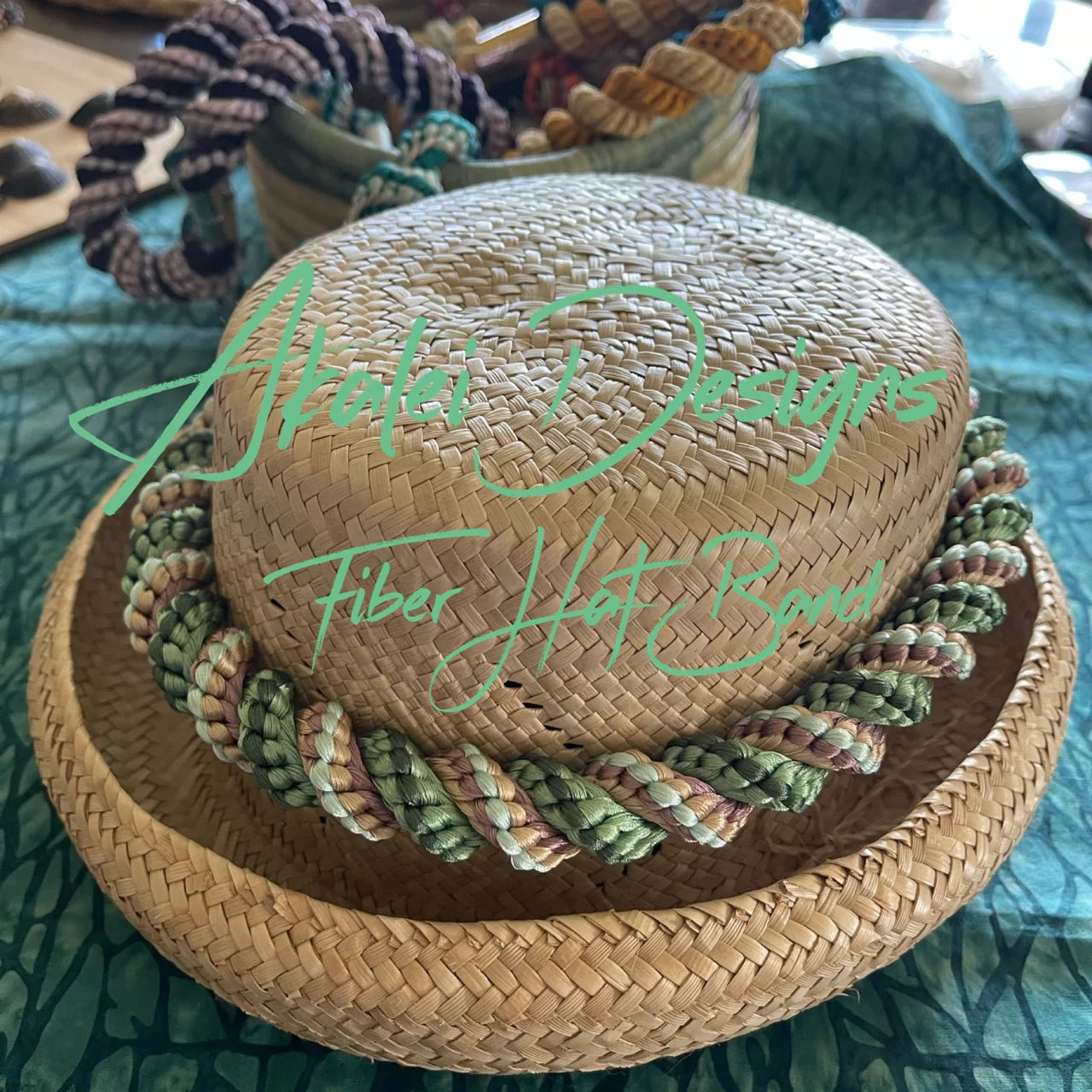 Green Toned & Beige with Blue Center Lei Necklace & Hat Band