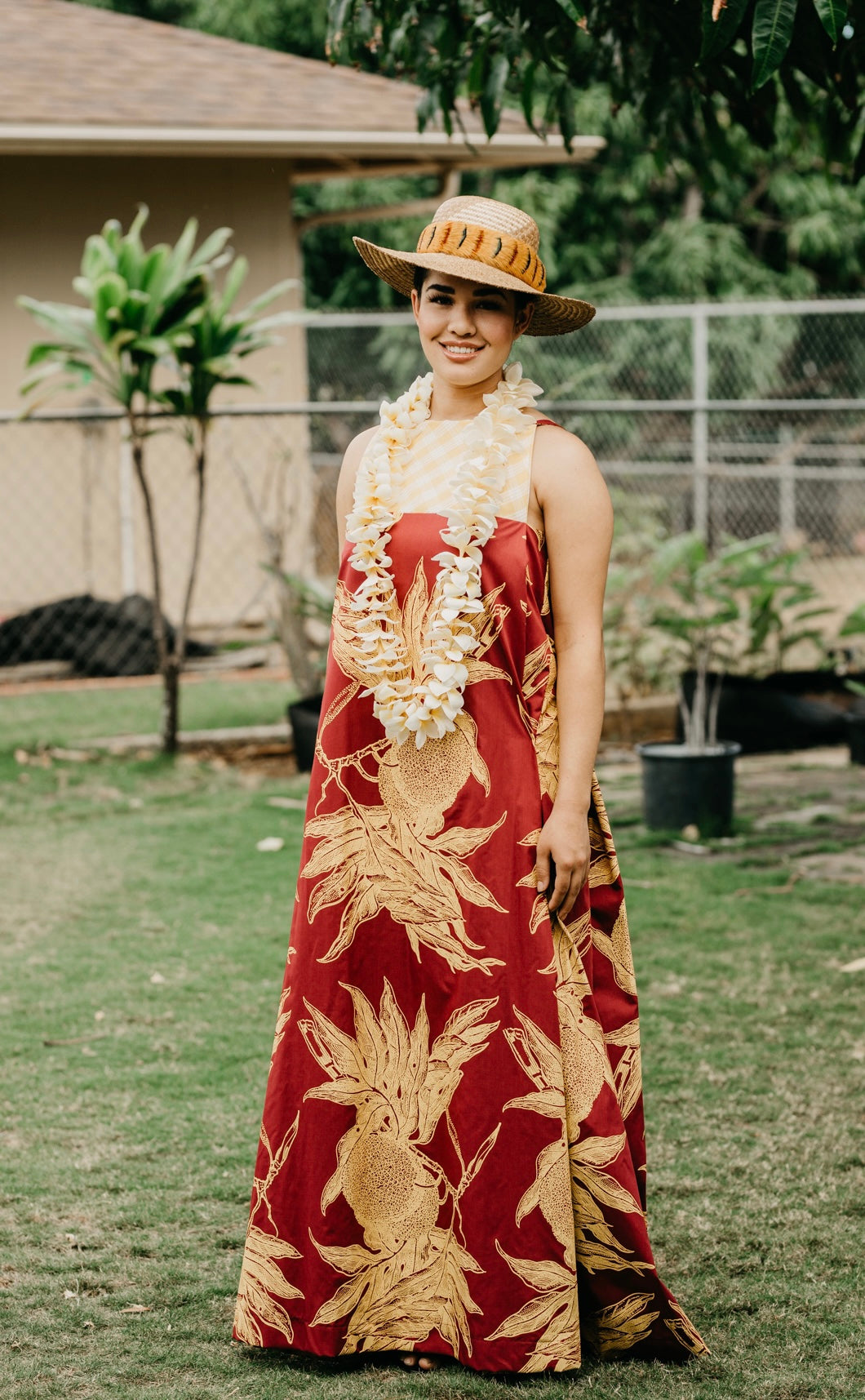 Entrance Dress - Gold Breadfruit on Warm Maroon