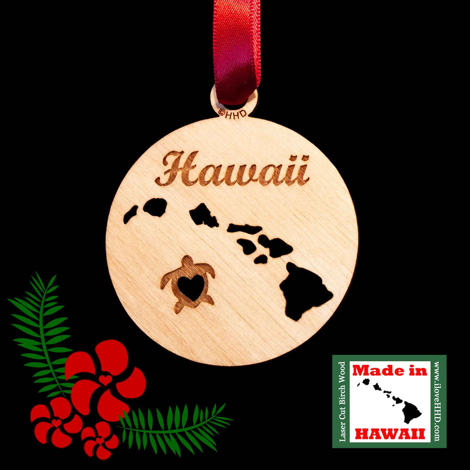 Pop-Up Mākeke - HonuHeart Designs - Islands of Hawaii Birch Wood Christmas Ornament - Front View