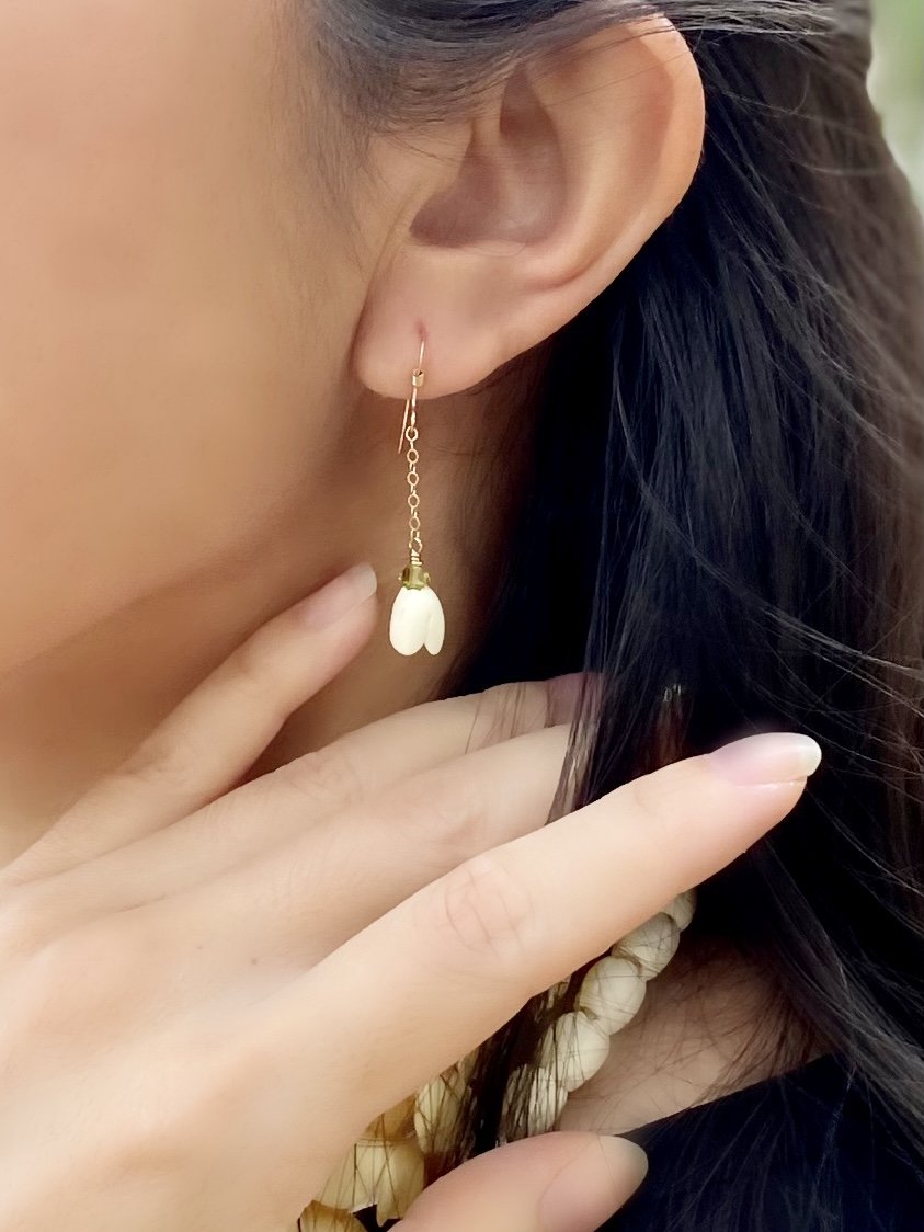 Pop-Up Mākeke - Ohana Expressions - Single Pikake Drop Dangle Gold Filled Earrings - In Use