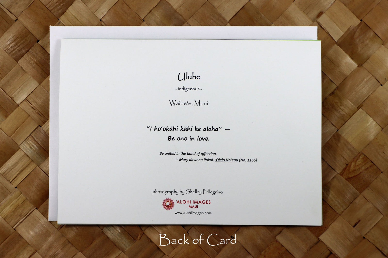Pop-Up Mākeke - Alohi Images Maui - Uluhe (fern) - WeddingAnniversary Greeting Card - Be One in Love - Back View