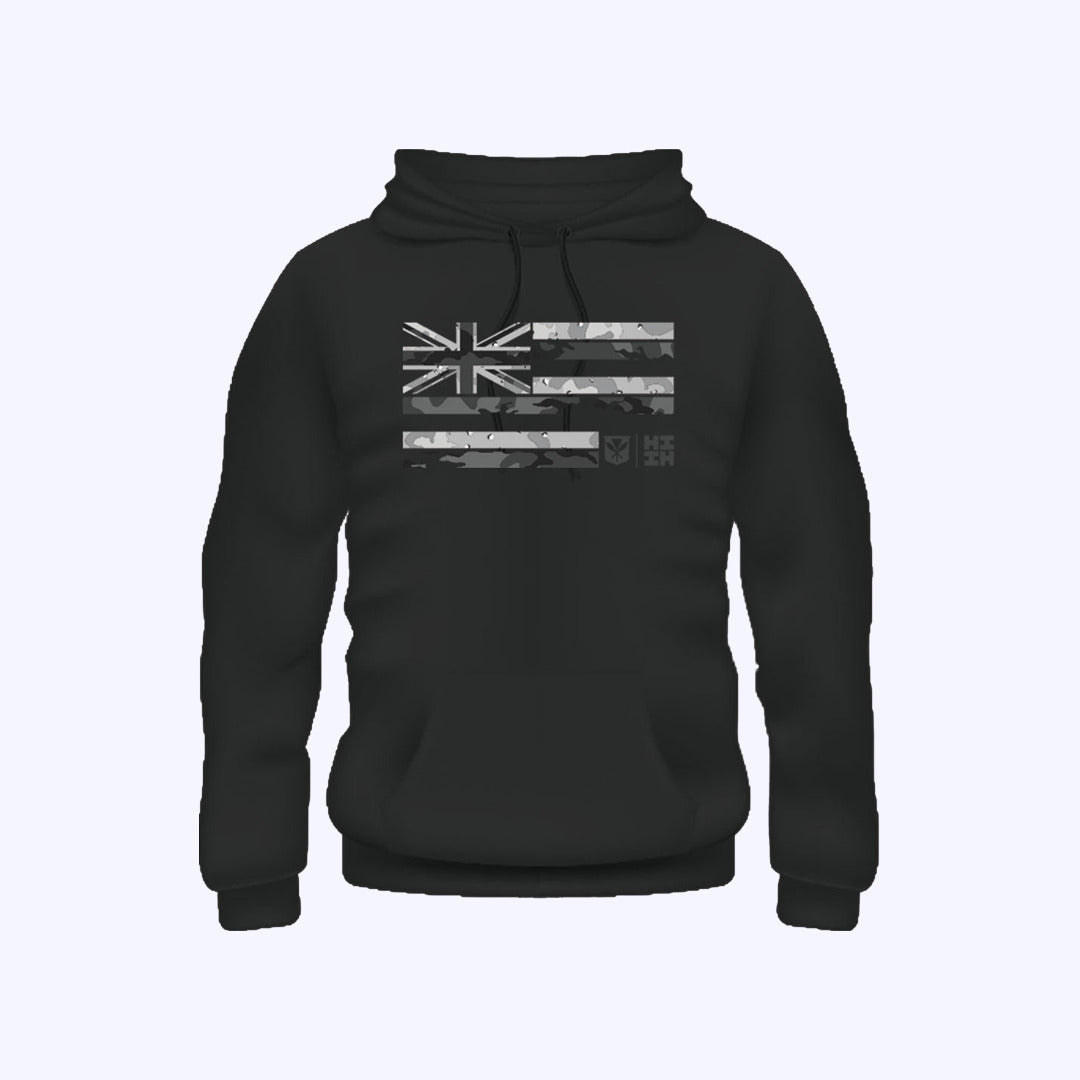 Pop-Up Mākeke - Hawaii's Finest - Black & White Camo Flag Pullover Hoodie - Front View