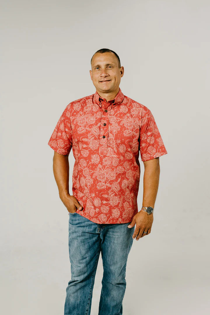 Pop-Up Mākeke - Nake'u Awai - Lokelani Pull-Over Aloha Shirt - Rose on Deep Rose