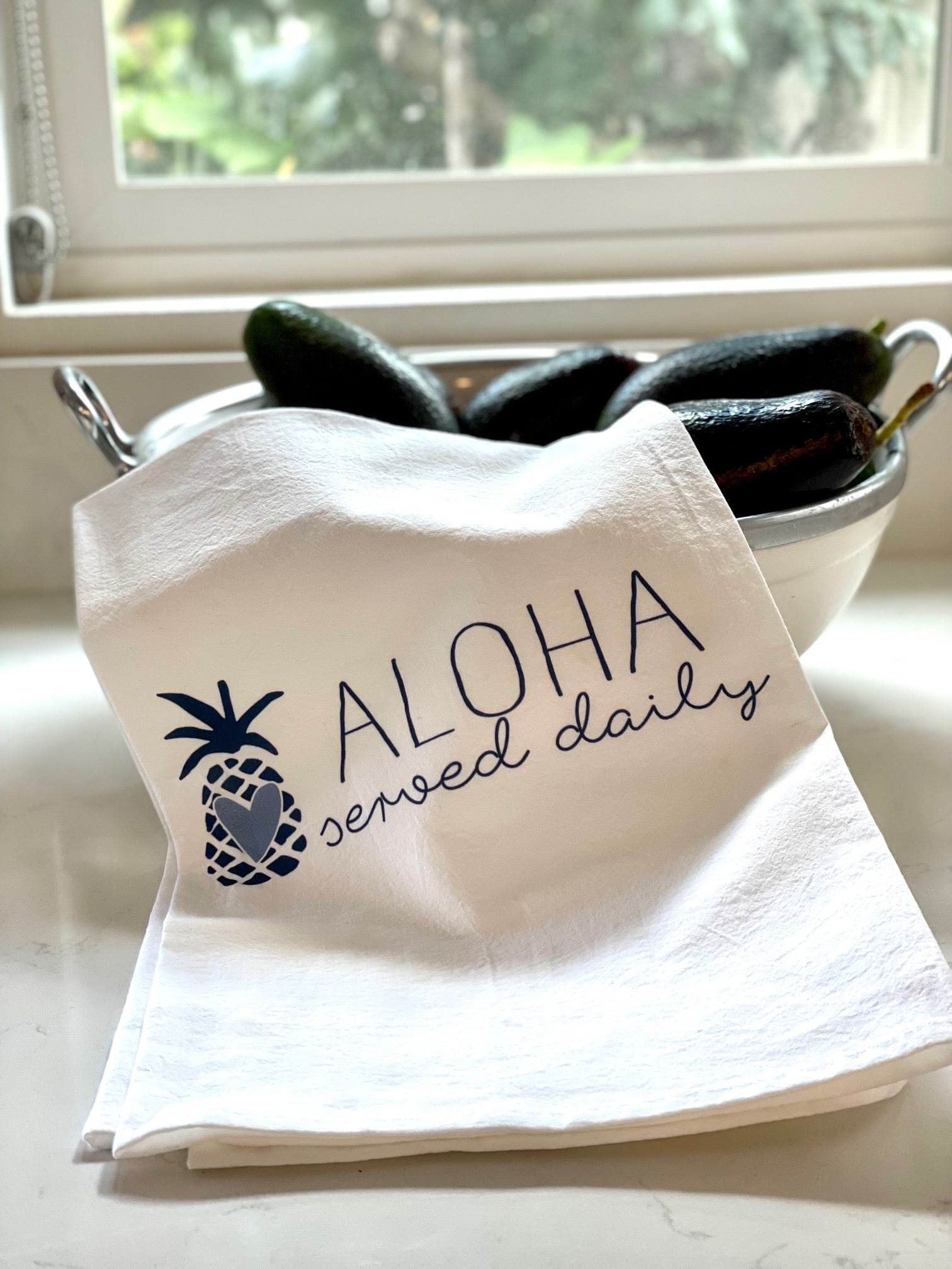 Pop-Up Mākeke - Sal Terrae - Flour Sack Kitchen Towel - Aloha Served Daily - Blue Pineapple - In Use