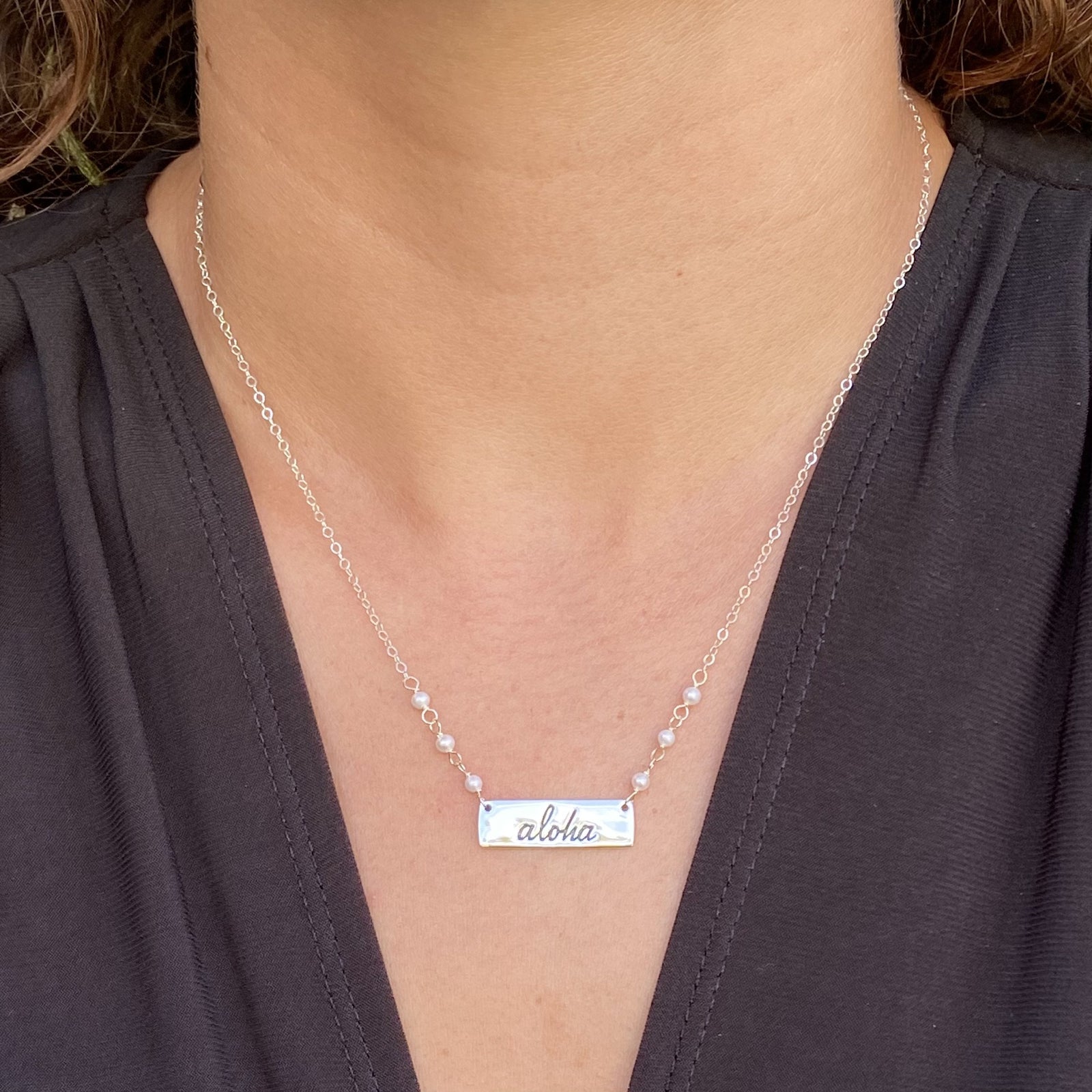 Pop-Up Mākeke - Stacey Lee Designs - Aloha Bar Necklace - In Use