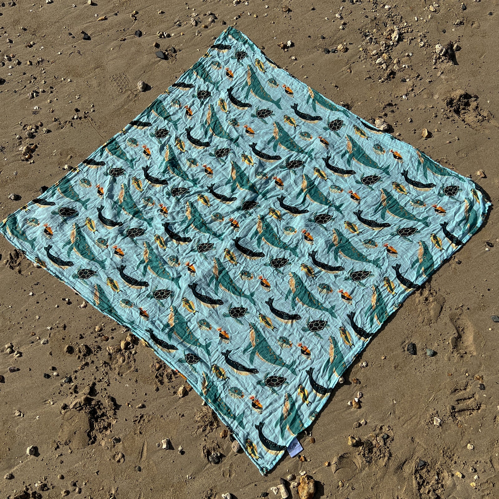 Pop-Up Mākeke - The Keiki Department - Ocean Friends Bamboo Muslin Kapa Moe (Swaddle Blanket) - Laid Out