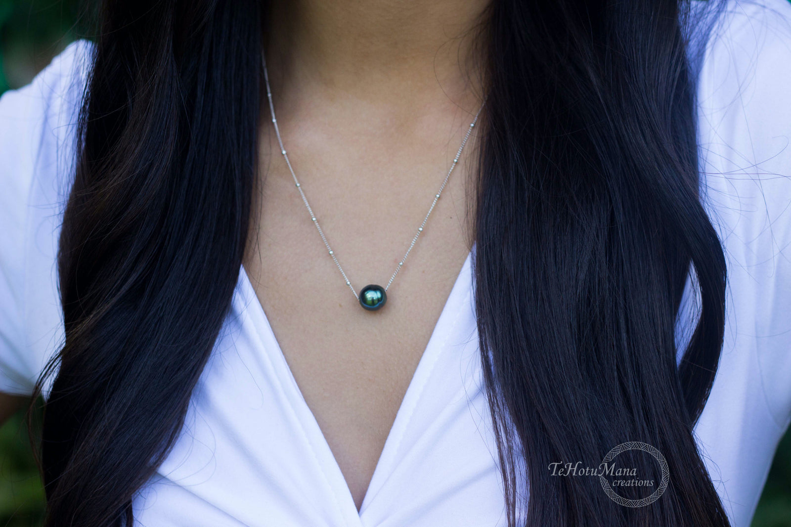 Tahitian Pearl Necklace , Sliding Pearl with Satellite Chain , Sterling Silver