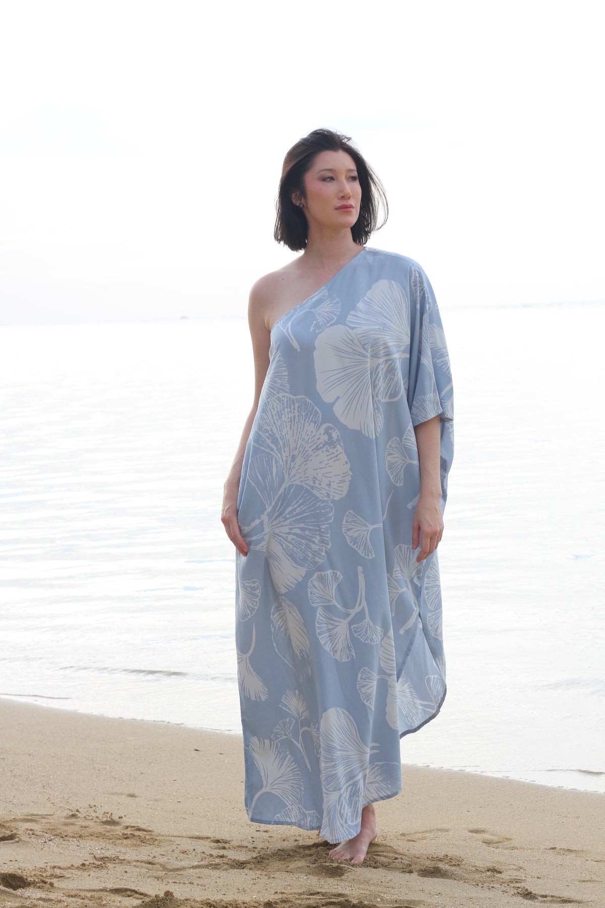 Hau One Shoulder Dress - Gingko in Dusty Blue &amp; White
