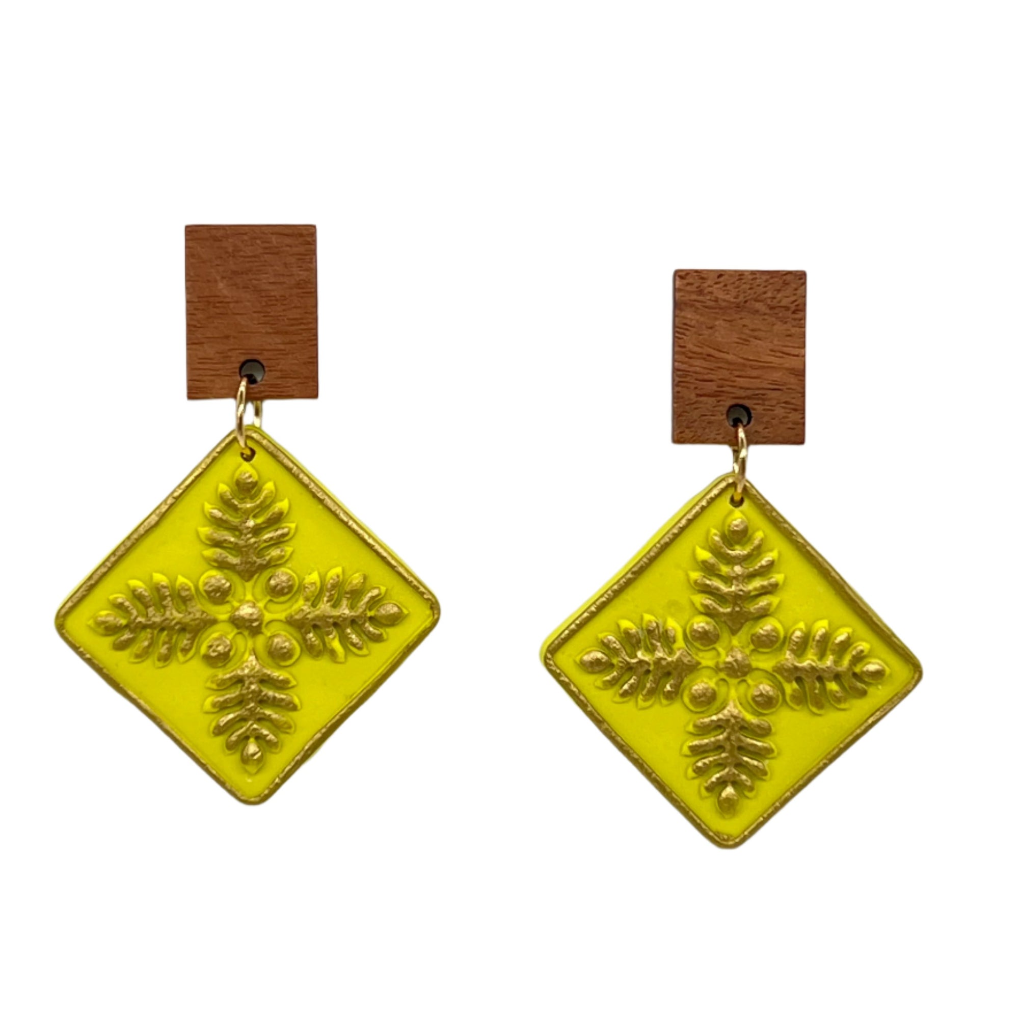 Quilt Earrings - Neon Green & Gold