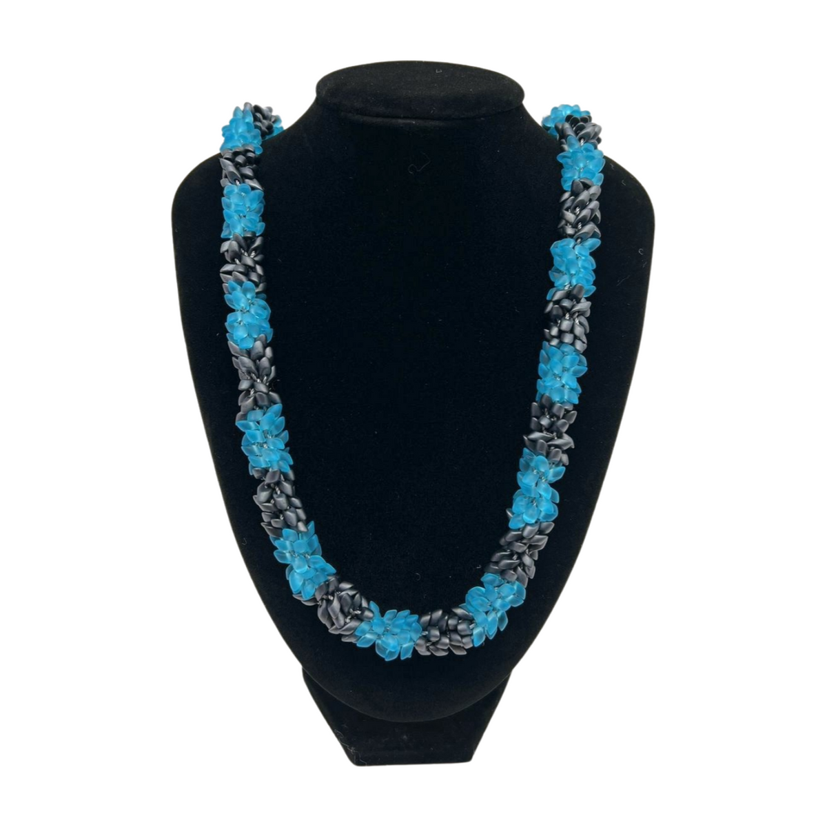 Matte Aqua Blue with Gun Metal Grey Segmented Dragon Scale Necklace Lei - 30"/31"