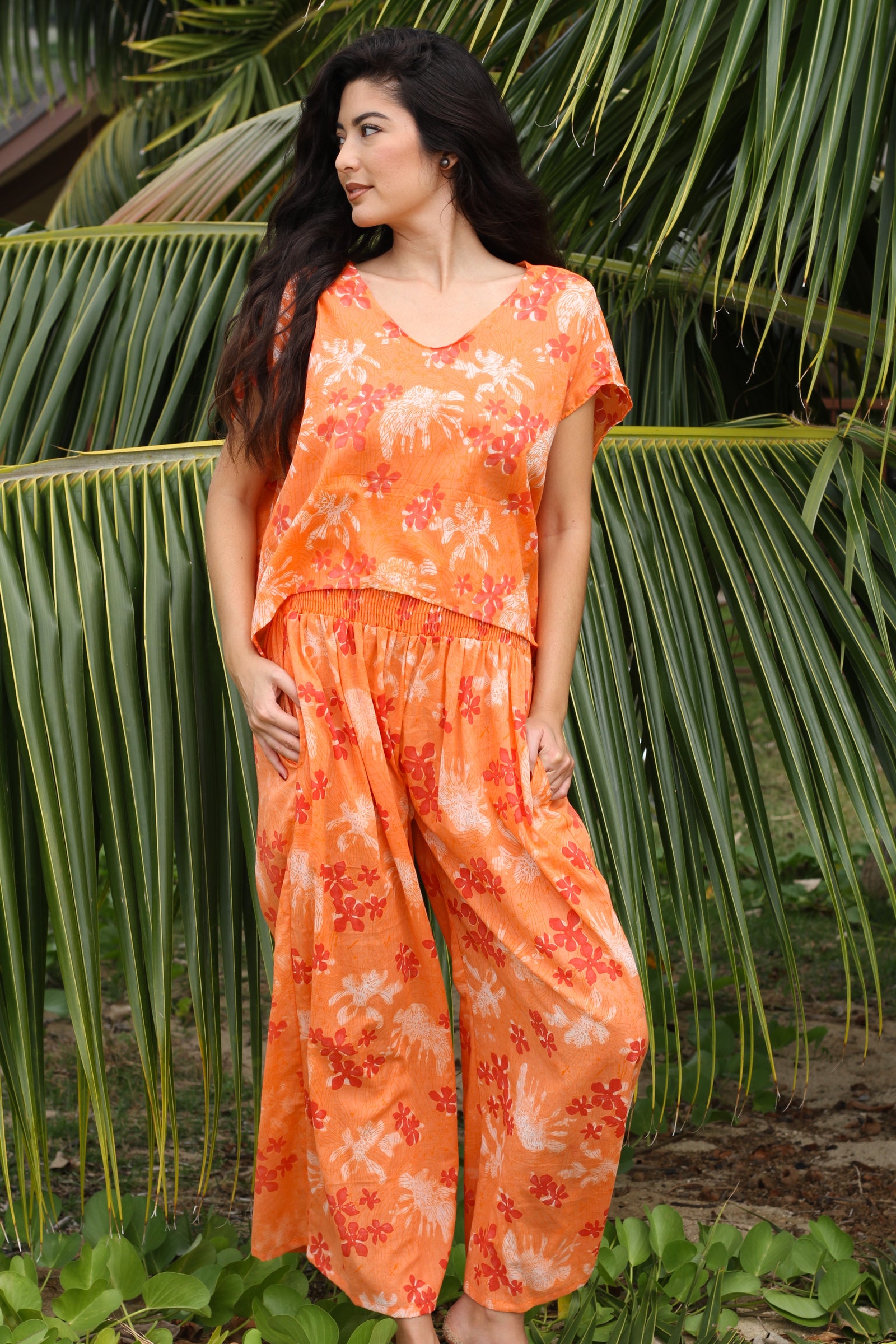 Women's Palazzo Pants - Garden in Orange/Red/Cream