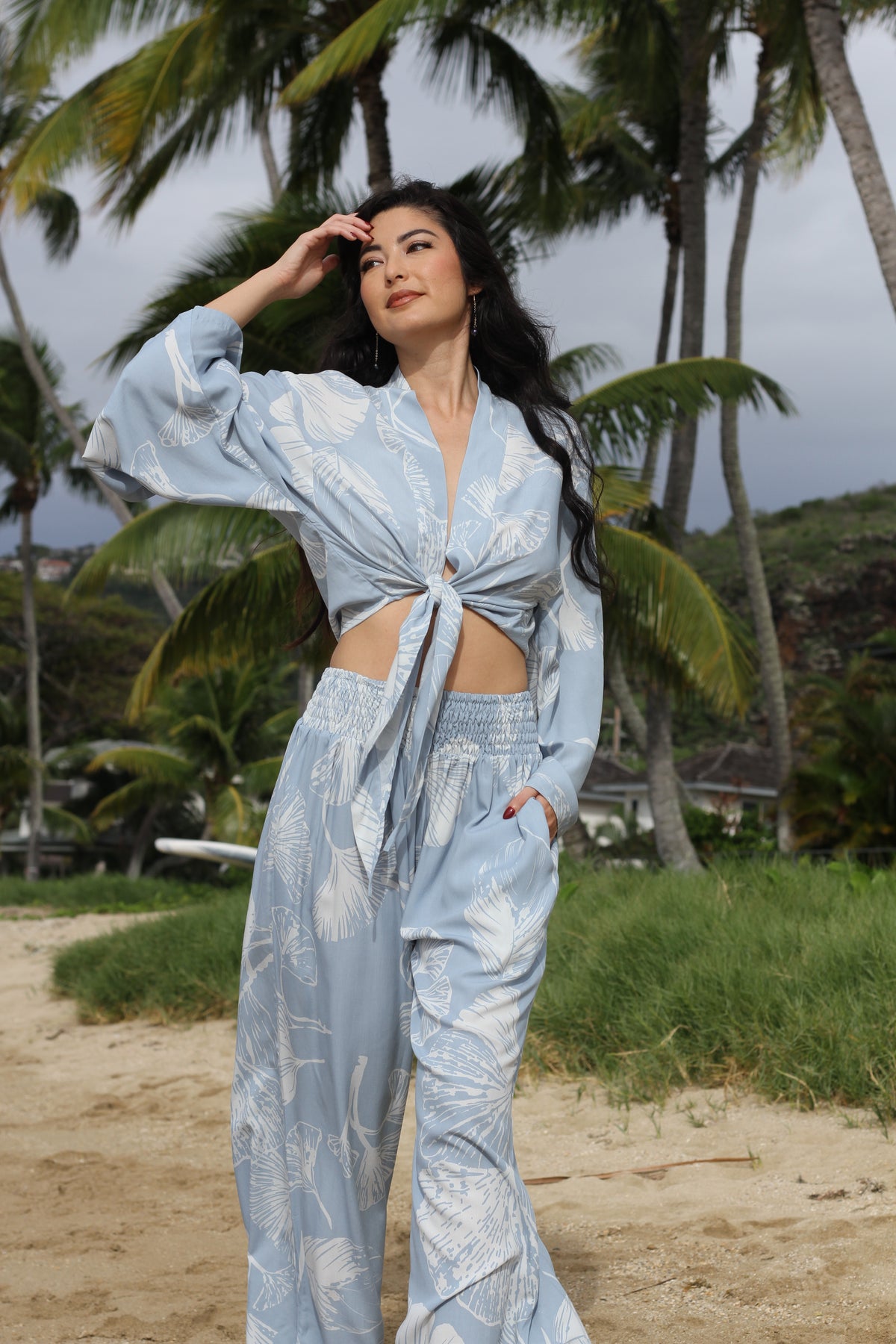 Palazzo Pants - Gingko in Dusty Blue &amp; White