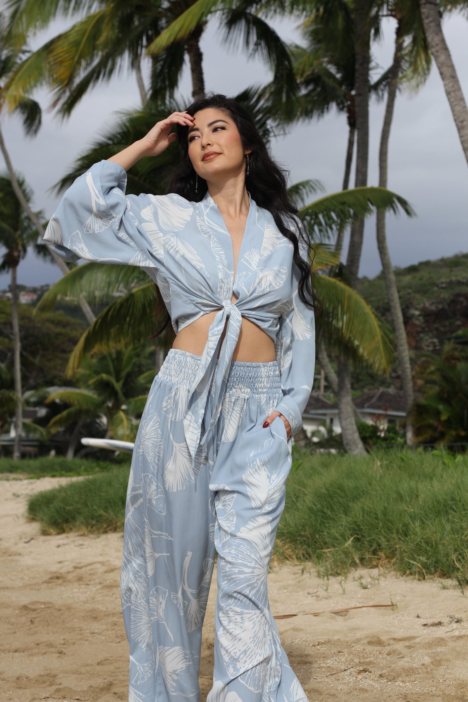 Palazzo Pants - Gingko in Dusty Blue & White