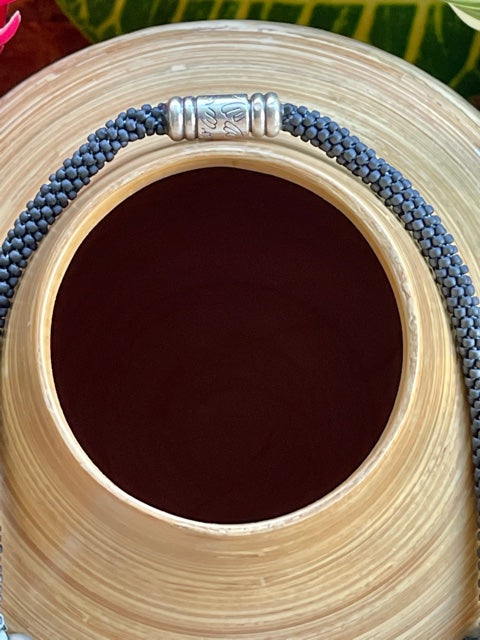 Pop-Up Mākeke - Akalei Designs - Blue Gray Lentil Haku Mini Lei with Sky Blue Fire-Polish Beads - Front View