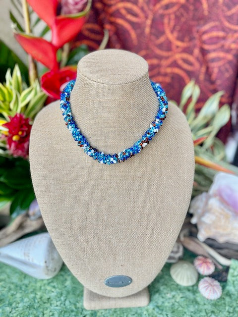 Pop-Up Mākeke - Akalei Designs - Blue, Topaz and White Dragon Scales Necklace Lei - Front View